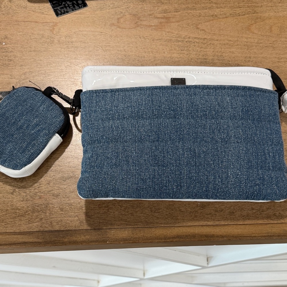 THINK ROYLN Denim Blue and White Crossbody Pouch with Coin Case